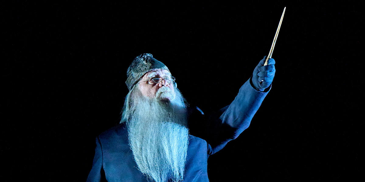 Ian Redford as Dumbledore, wearing a grey robe, stands with a serious expression against a dark, dramatic background.