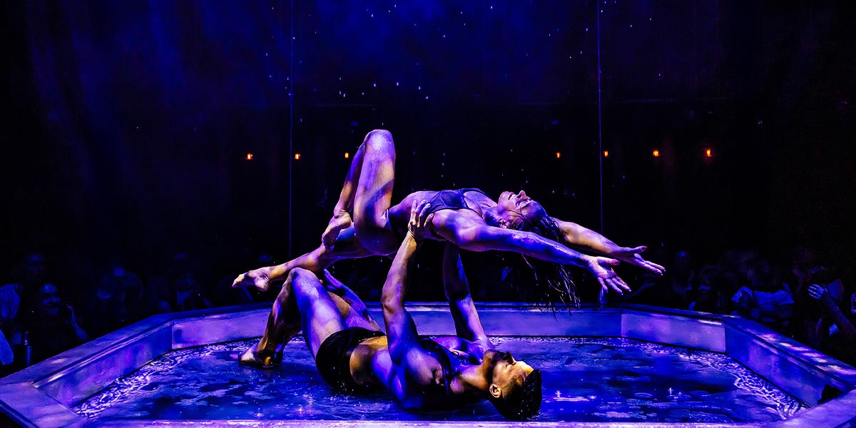 Danny Kaan performs energetically on stage, wearing a black costume with vibrant lighting and an enthusiastic audience.