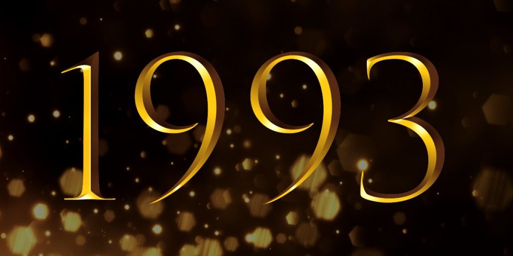 Golden numbers "1993" on a dark background with sparkling light effects, representing the Olivier Winners of that year.