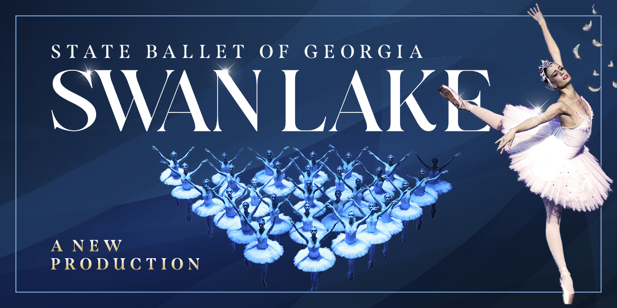 A promotional banner for Swan Lake featuring elegant dancers in tutus against a dark background.