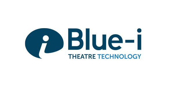 Logo of Blue-i Theatre Technology featuring a blue graphic and text in dark blue and light blue.