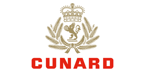 Cunard logo featuring a gold crown and lion, with "CUNARD" in bold red letters below.