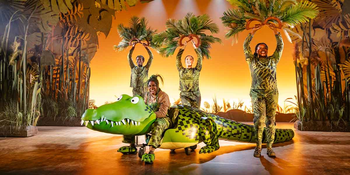 Jordan Eskeisa, Chelsea Da Silva as The Enormous Crocodile, Marienella Phillips, and Precious Abimbola performing on stage.