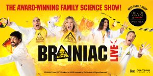 Colourful banner for Brainiac Live featuring vibrant graphics and playful text, promoting the event's engaging activities.