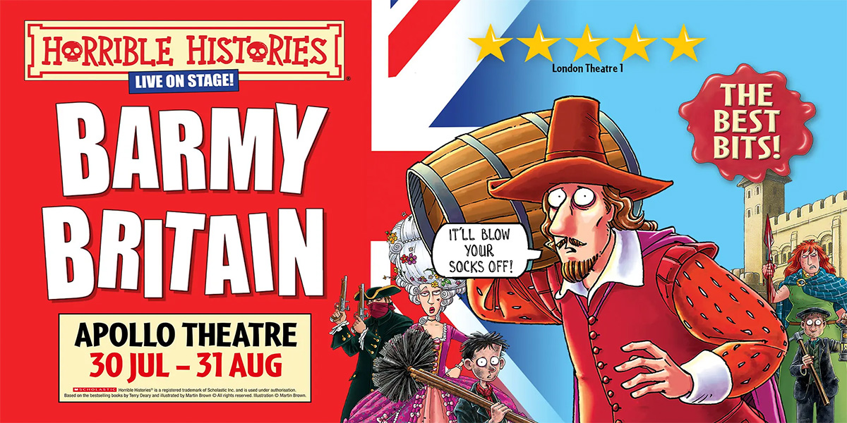 A theatrical scene from Horrible Histories: Barmy Britain featuring actors in historical costumes performing on stage.