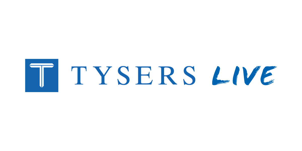 The Tysers Live logo in blue text on a white background.