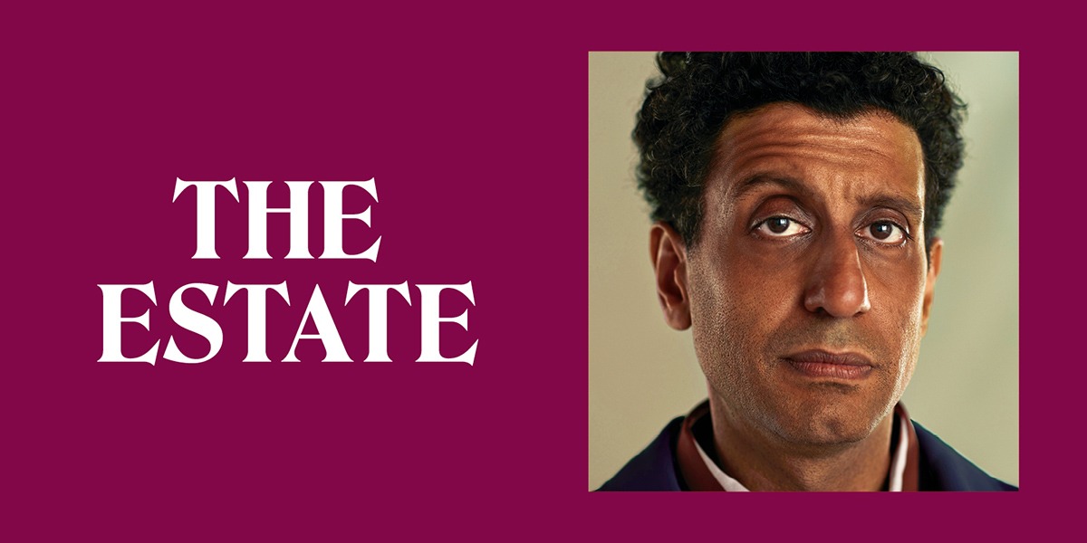 The background is plum purple. On the left it reads 'The estate' In white capital letters. On the right is an image of the character Angad. Angad Has dark curly hair and dark brown eyes. Angad is wearing a navy blue jacket.
