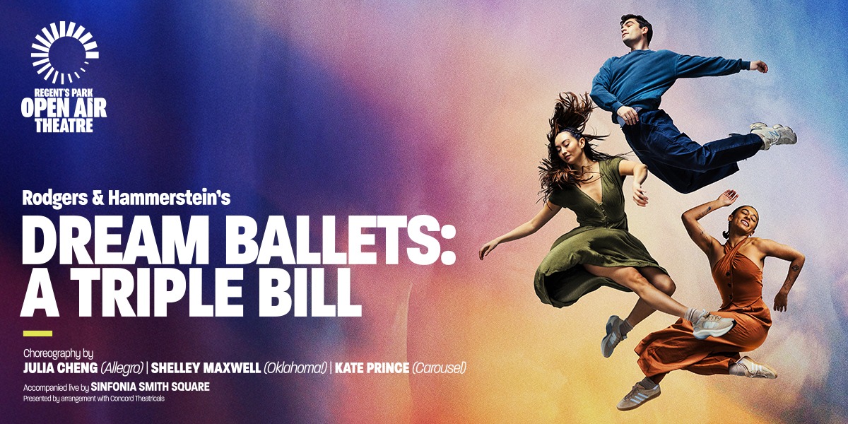 The background is navy with pink and yellow highlights. On the right are people dancing. On the left it reads Dream Ballets: A Triple Bill.