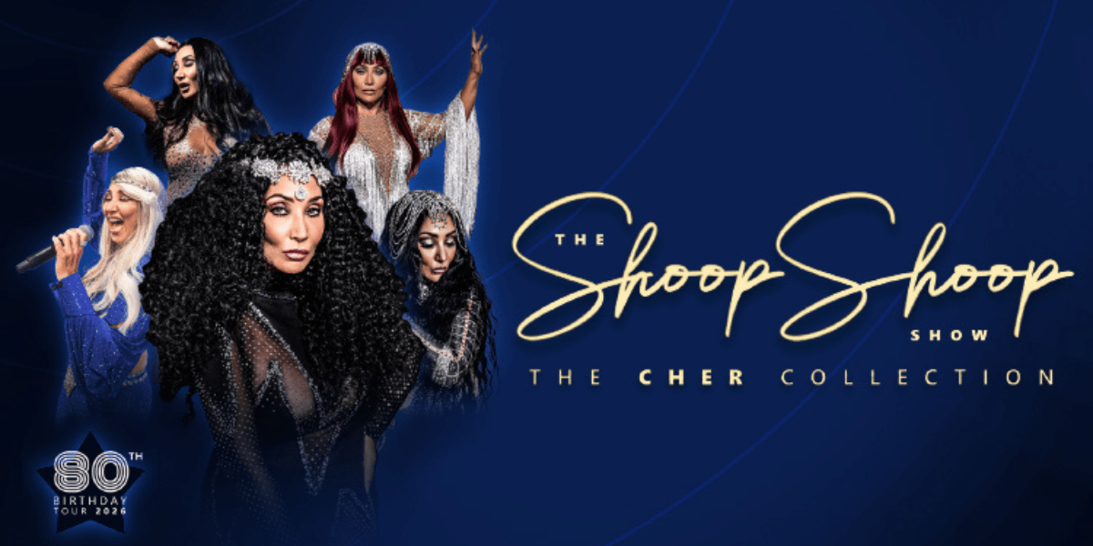 Poster for The Shoop Shoop Show: The Cher Collection on a dark blue background. Features five performers in Cher-style costumes, with quotes like World Class and Uncanny. Text in elegant typography highlights the shows title.