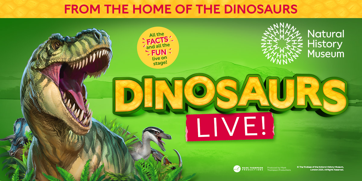 The background is green. In the centre it reads 'Dinosaurs Live!' On the left hand side is an image of a T-Rex.