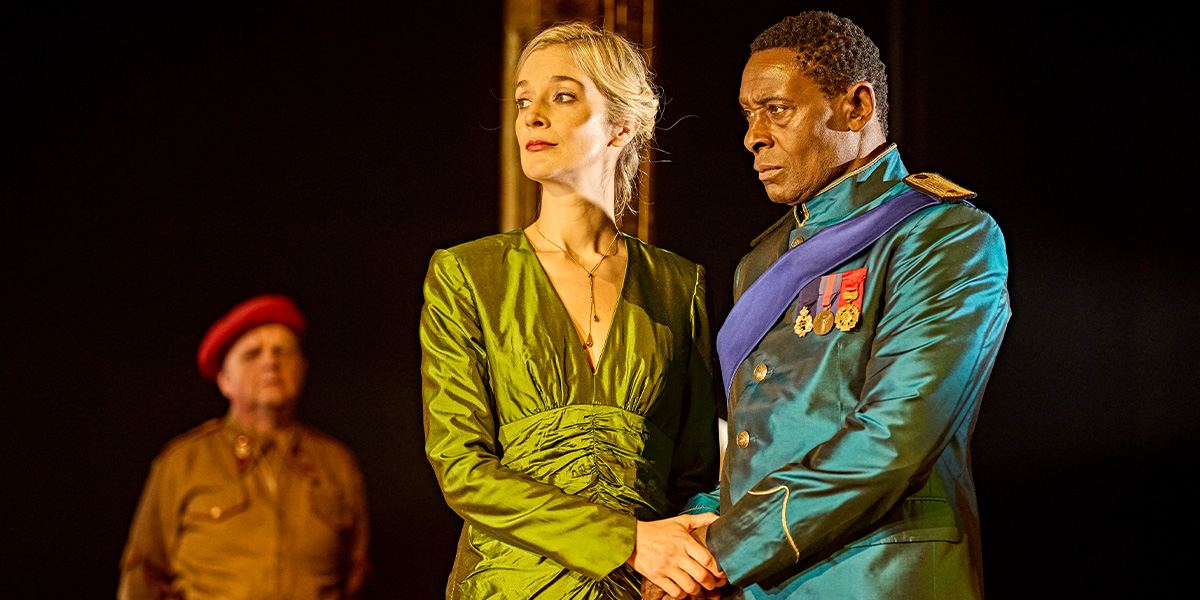 Toby Jones as Iago, Caitlin FitzGerald as Desdemona, and David Harewood as Othello in dramatic poses.