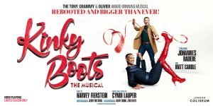 A vibrant stage scene from Kinky Boots featuring performers in colourful costumes and high-heeled boots.