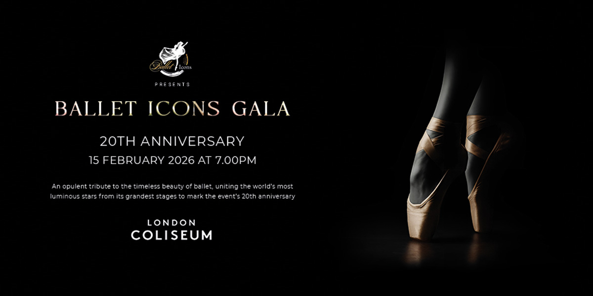 Ballet pointe shoes on a dancer's feet, set against a dark background, promoting the Ballet Icons Gala.