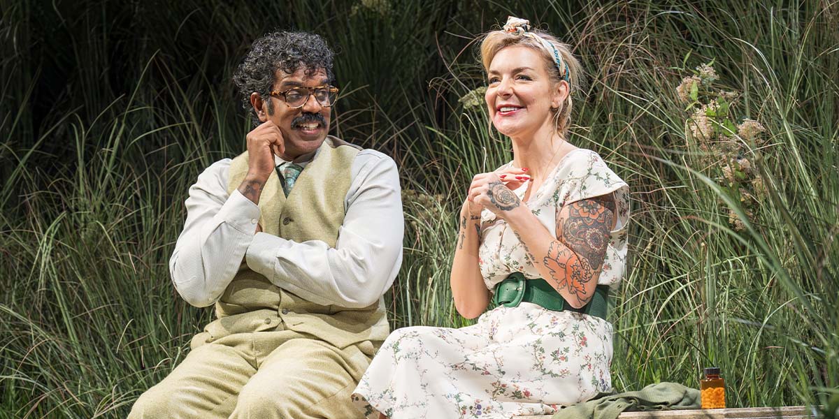 Romesh Ranganathan, Bill, and Sheridan Smith pose together, smiling against a neutral backdrop in a theatre setting.