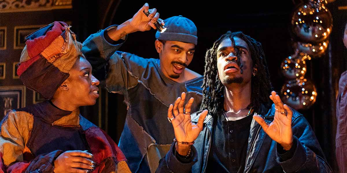 Aminita Francis as SK Good, Imani Yahshua as SK Evil, and Jayden Elijah as Deep in Deep Azure at Shakespeare's Globe.