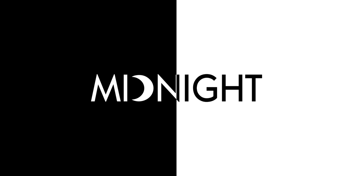 The word "MIDNIGHT" is displayed in bold black text, split between black and white backgrounds.