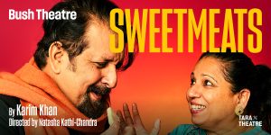 Two people in bright costume stand together laughing. The title reads 'Sweetmeats'