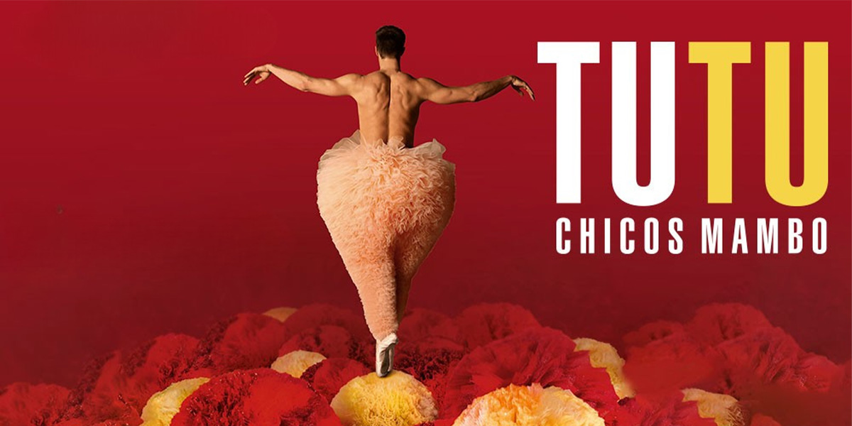 A dancer poses gracefully in a fluffy tutu against a red background, surrounded by colourful flowers.