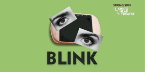 Green background featuring the word "BLINK" in bold, with two close-up images of eyes above a device.