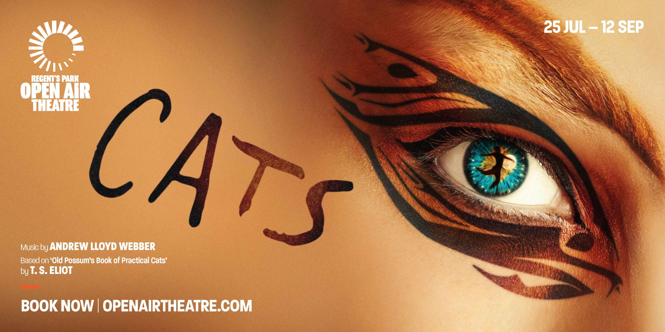 A close up image of a person's face with tribal eye make up. In the centre of a bright blue eye is a black silhouette of a person dancing in place of the pupil.