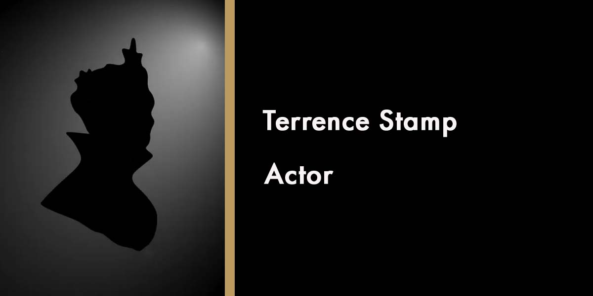 Silhouette of Terrence Stamp against a gradient background, with his name and title displayed prominently.