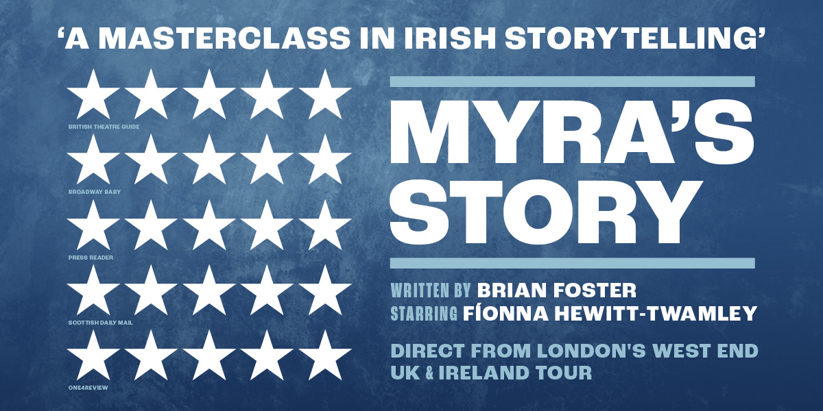 Text reads 'Myra's Story' against a sky blue background