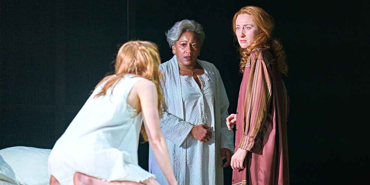 Sadie Sink, Clarke Perkins, and Eden Epstein express concern in a dramatic scene from Romeo & Juliet.