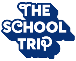 Logo for "The School Trip" featuring bold white text on a dark blue background.