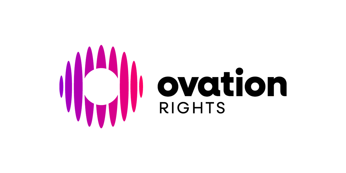 Logo of Ovation Rights featuring a circular design with pink and purple soundwave patterns and bold text.