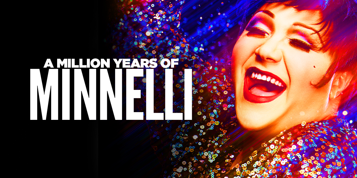 A vibrant stage scene featuring Liza Minnelli performing in a dazzling costume, surrounded by colourful lights.