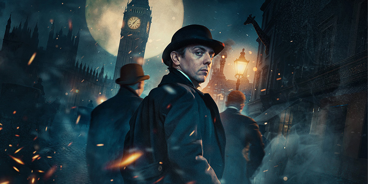 Sherlock Holmes, dressed in a dark coat and hat, examines a magnifying glass over a crime scene.