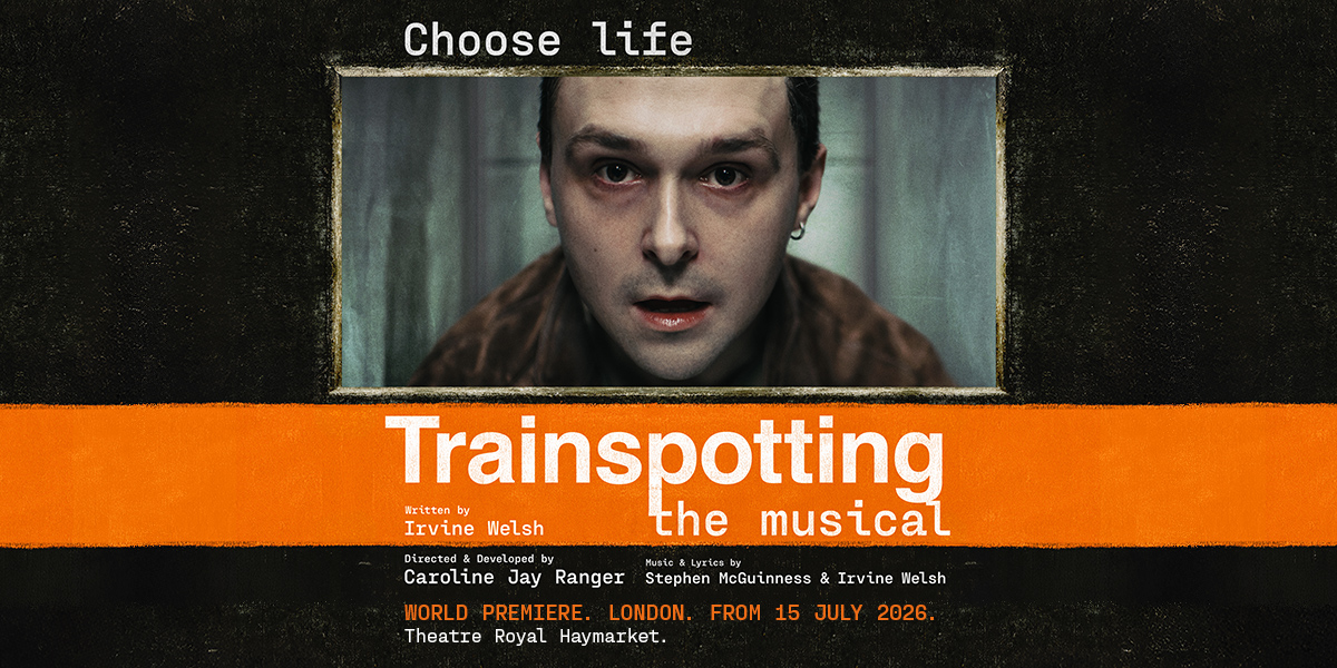 A vibrant stage scene from "Trainspotting The Musical" featuring actors in dynamic poses and colourful costumes.