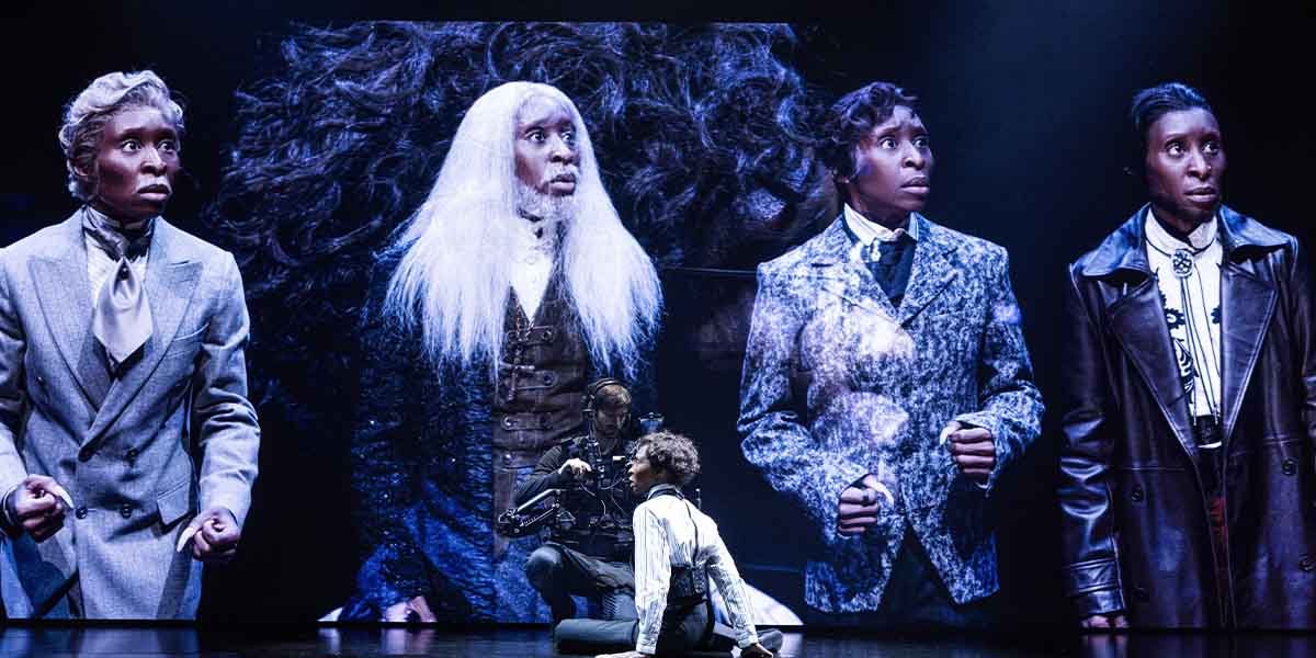 A dramatic scene from Dracula featuring four actors in period costumes, with a dark, atmospheric background.
