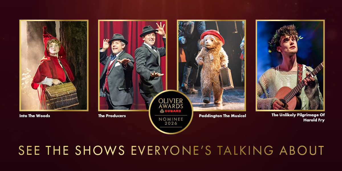 A vibrant banner featuring the Official London Theatre logo with colourful graphics and text promoting theatre shows.