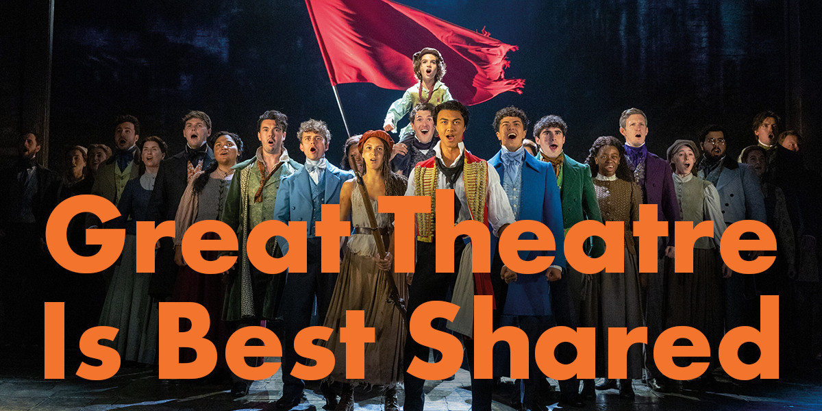 Promotional banner for "Great Theatre Is Best Shared" featuring £1,000 theatre token offer, vibrant colours.