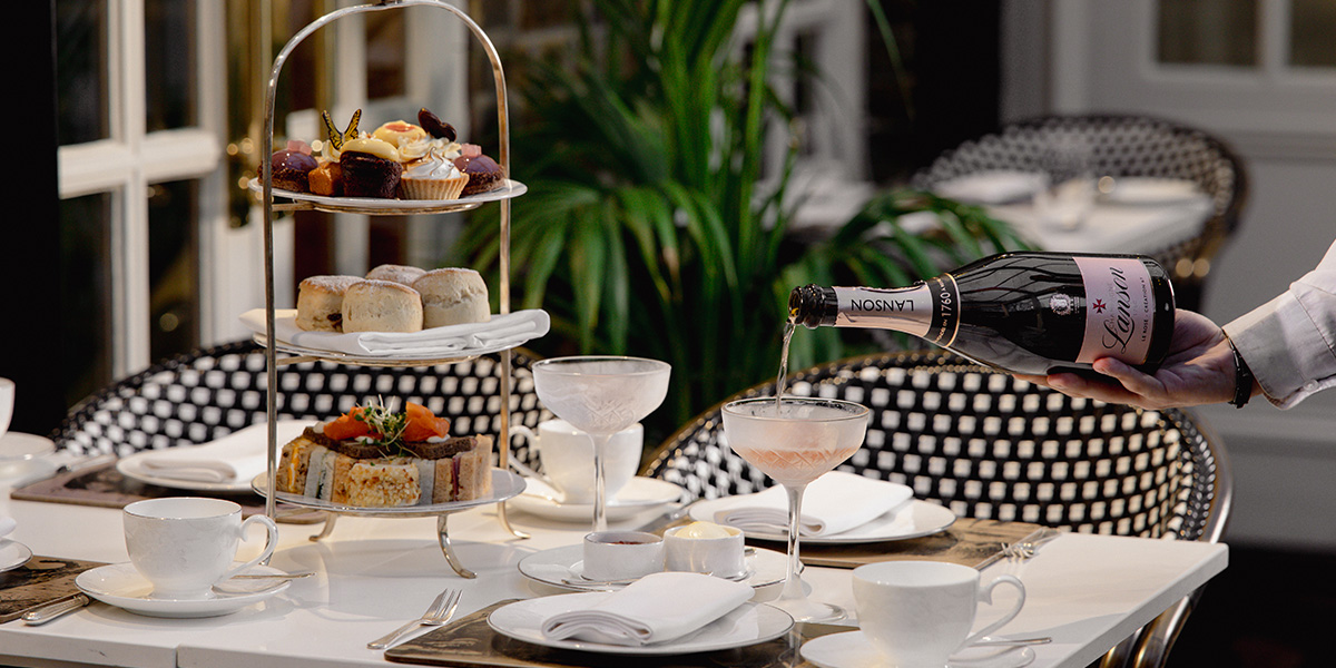 A beautifully arranged afternoon tea set on a table in Montague Gardens, featuring delicate pastries and tea.