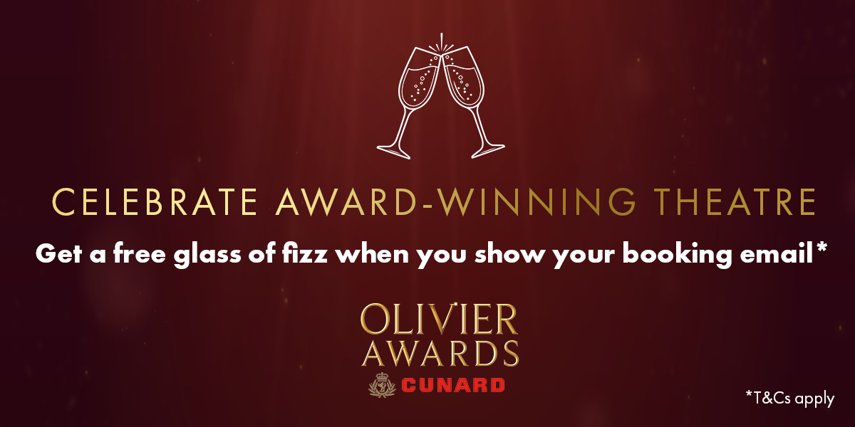 Promotional graphic featuring champagne glasses, announcing a free glass of fizz for Olivier Awards attendees.