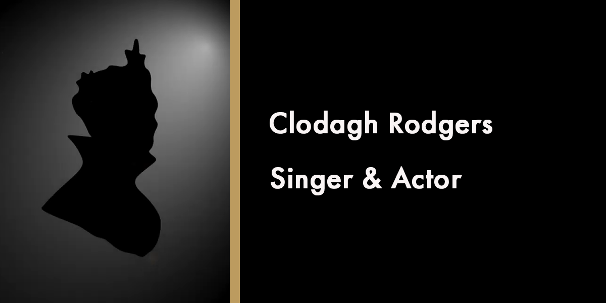 Silhouette of Clodagh Rodgers against a dark background, with her name and title displayed prominently.