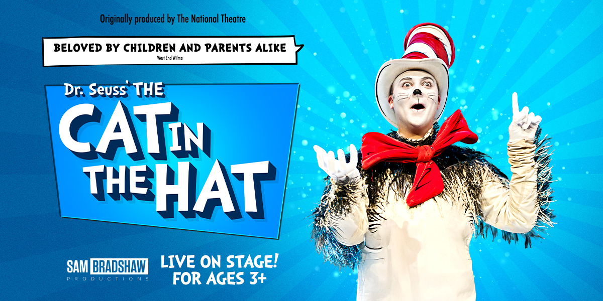 The Cat in the Hat stands playfully, wearing a red and white striped hat, against a colourful background.