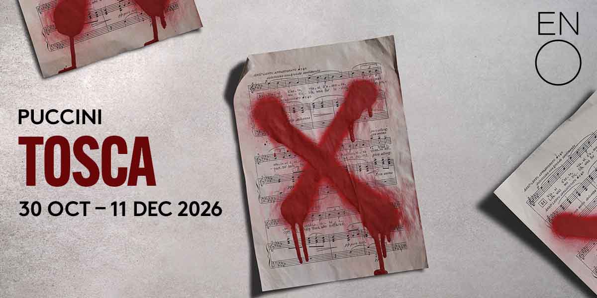 Red paint splatters on sheet music, with the title "Puccini Tosca" and performance dates displayed prominently.