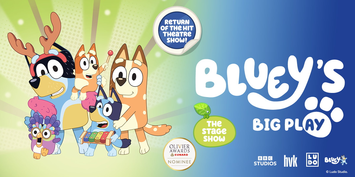 Bluey and Bingo play together in a vibrant park setting, surrounded by colourful trees and grass.