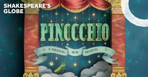 Pinocchio, a wooden puppet with a long nose, stands in a vibrant, whimsical setting with bright colours.